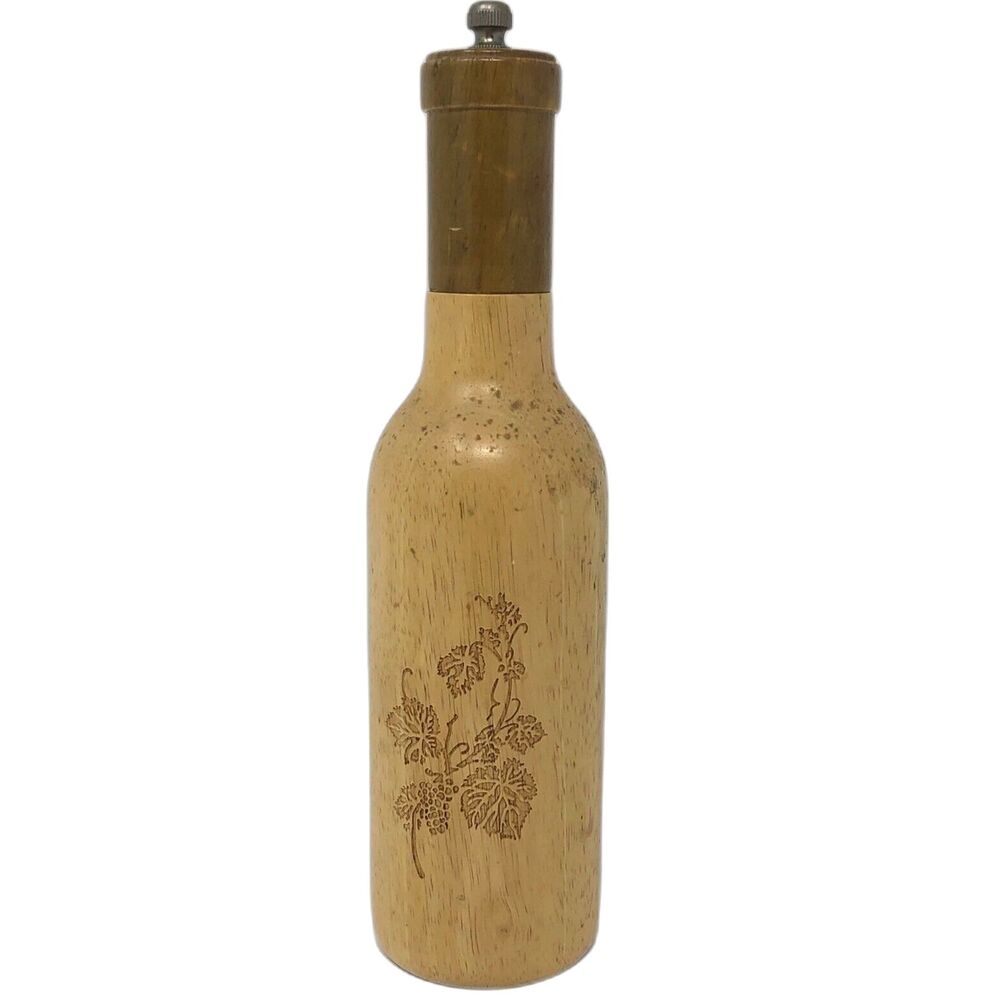 Wood Pepper Mill Grinder Vintage 70s Hand Crafted 2-Tone Engraved Bottle Shape